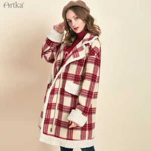 ARTKA 2020 зимнее Новое Женское шерстяное пальто винтажное красное клетчатое плотное теплое шерстяное пальто из овечьей шерсти Лоскутная Длинная Верхняя одежда FA10199D