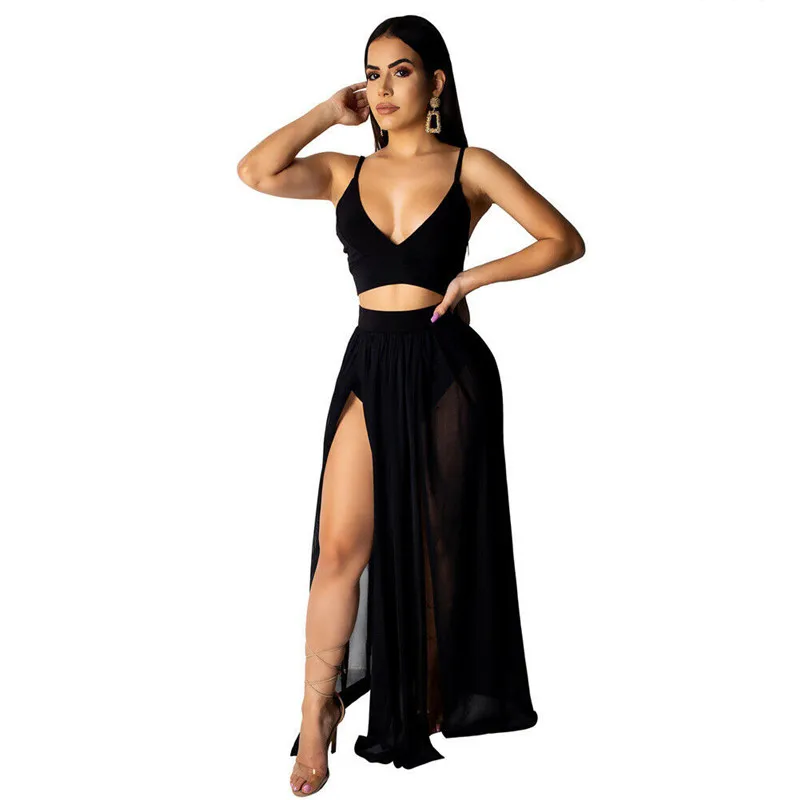 

Holiday Women fashion Summer bathing clothes Sexy crop tops high split rompers skirts Beach Mesh Perspective Stretch Outfit set