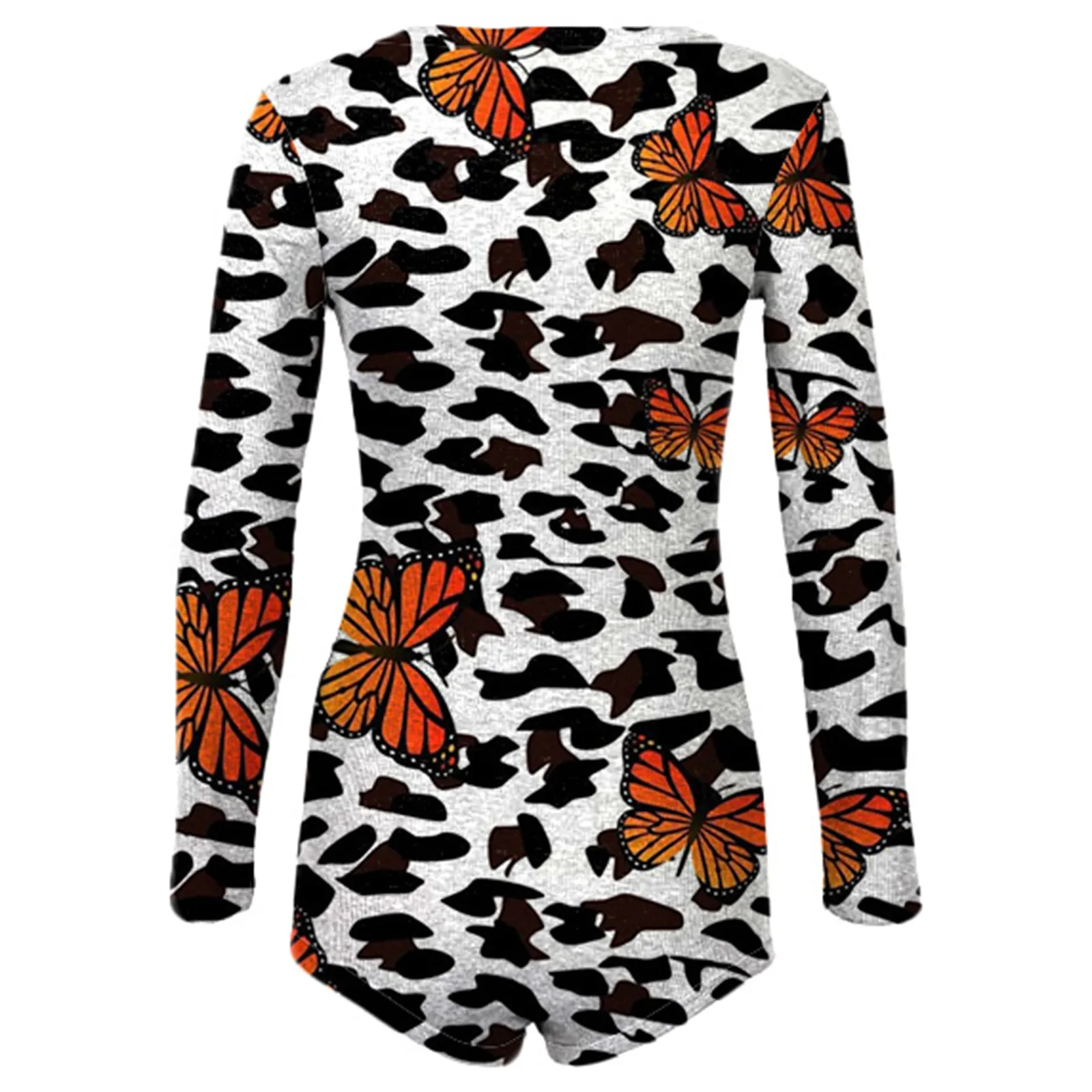 

Sexy Leopard Women Sleepwear V-neck Bodycon Jumpsuit Button Bodysuit Shorts Romper Leotard Printed Long Sleeve Butterfly Pajamas