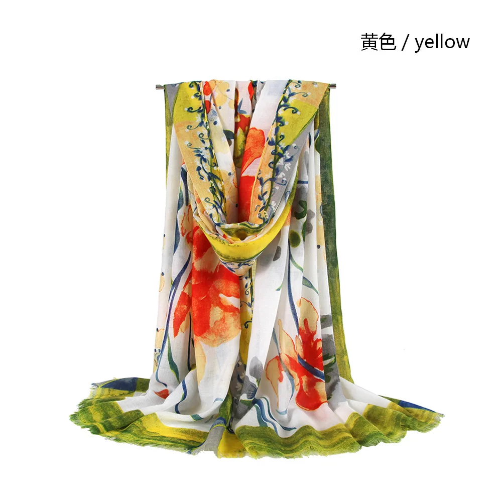 

Spring and Autumn New Ladies Shawl Satin Colored Edge Daffodil Printed Cotton Super Long Silk Scarf Scarf