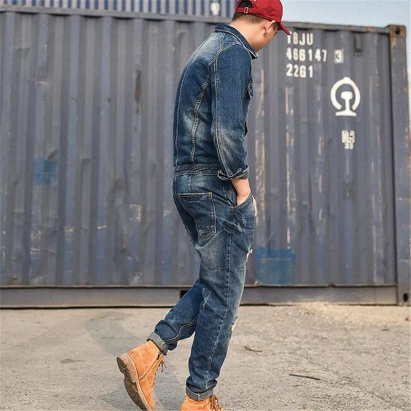 Модный мужской рваный джинсовый комбинезон с курткой из потертого денима