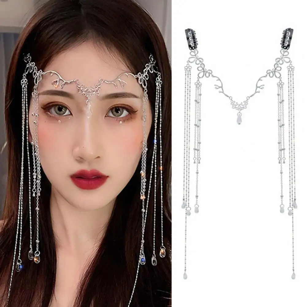 Elegant Long Tassel Forehead Chain Alloy Rhinestones Simple Drop Headpiece for Gift Jewelry bohemian women s bead rhinestone drop tassel forehead head chain jewelry dance headpiece hair band hair chains