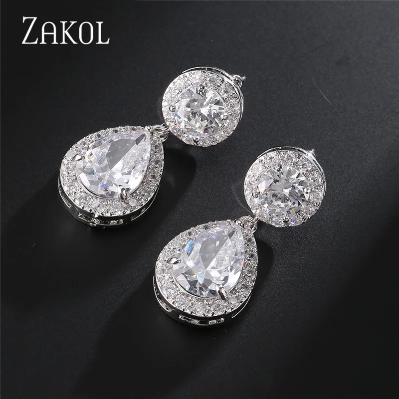 ZAKOL Classic Sliver Color Water Drop Shaped Cubic Zirconia Crystal Earrings For Women Romantic Wedding Jewelry Brides | Украшения и