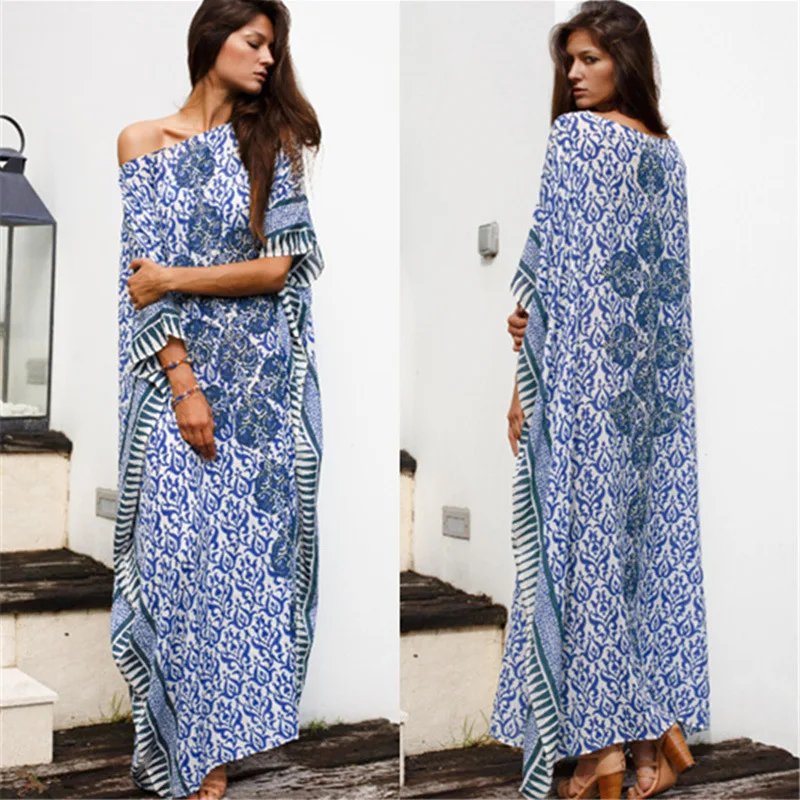 

Cover-ups Long Dress Elegant Fashion Women Summer Beach Indie Folk Casual Loose Print Full Sleeve Ankle Length Plus Size Robe