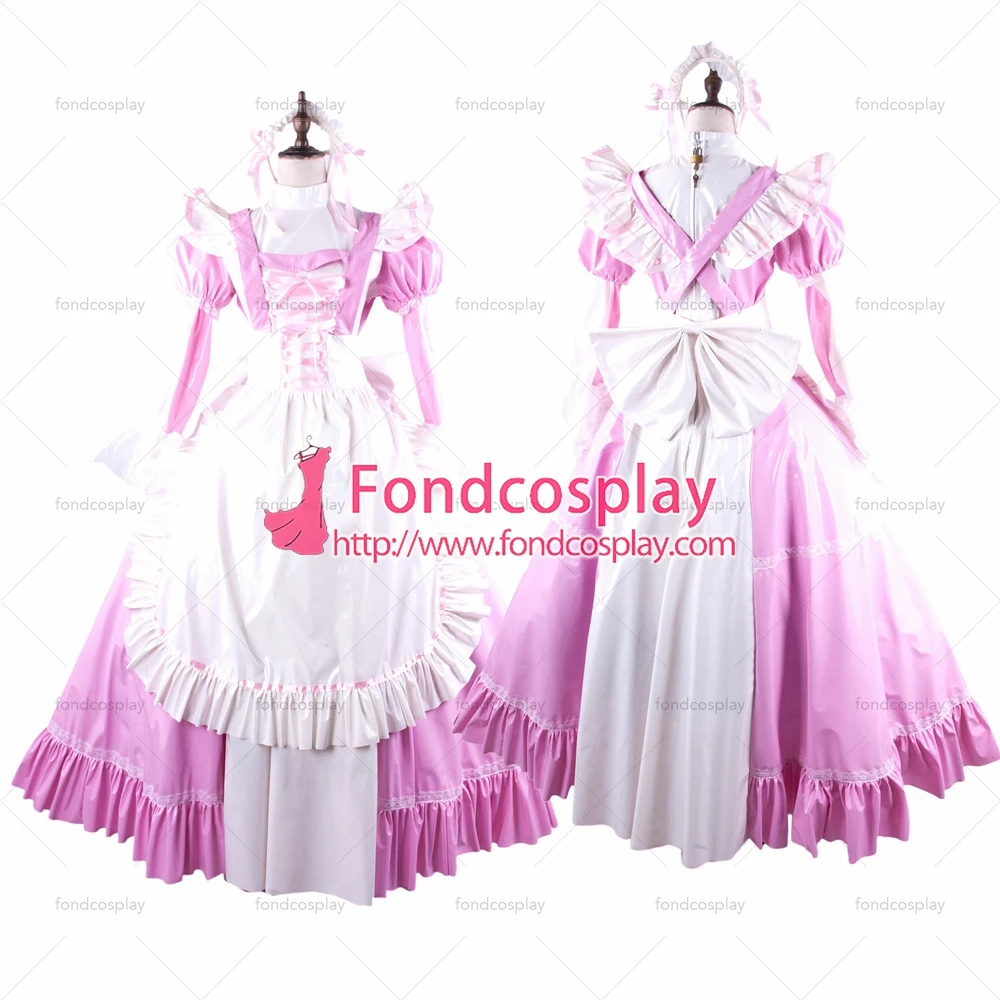 

Сексуальная одежда для взрослых с крестом fondcosplay, длинное розовое тонкое платье с замком из ПВХ, виниловый белый фартук, изготовленный на за...