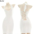 Женский костюм для ролевых игр AniLV, белое обтягивающее платье с лямкой на шее и перекрестной спиной, Сексуальная кружевная Пижама, нижнее белье для косплея