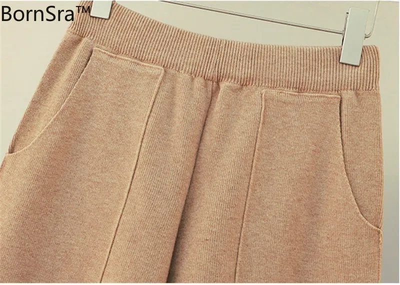 

Bornsra L-4XL plus size 2 piece set women knitted suit high quality plaid sweater v neck knit pullovers loose pants set