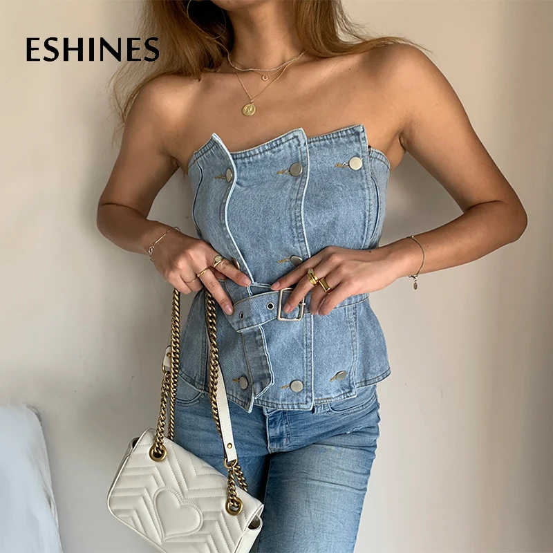 ESHINES пикантные летние женские Короткие Топы повседневные каскадные джинсовые