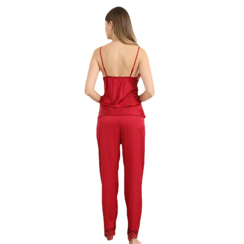 

Women Burgundy 3PCS Pajamas Sets Sexy V-Neck Lace Strap Top Nightgown Kimono Bathrobe Faux Silk Sleep Suit Sleepwear Nightwear