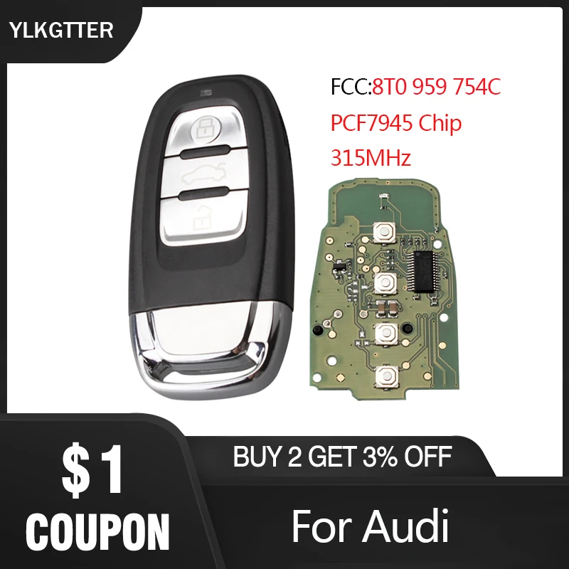 YLKGTTER 315 МГц смарт ключ для Audi A4/S4/RS4/A5/S5/RS5/A6/A7/A8/Q5 2009 + с чипом PCF7945 бесключевая