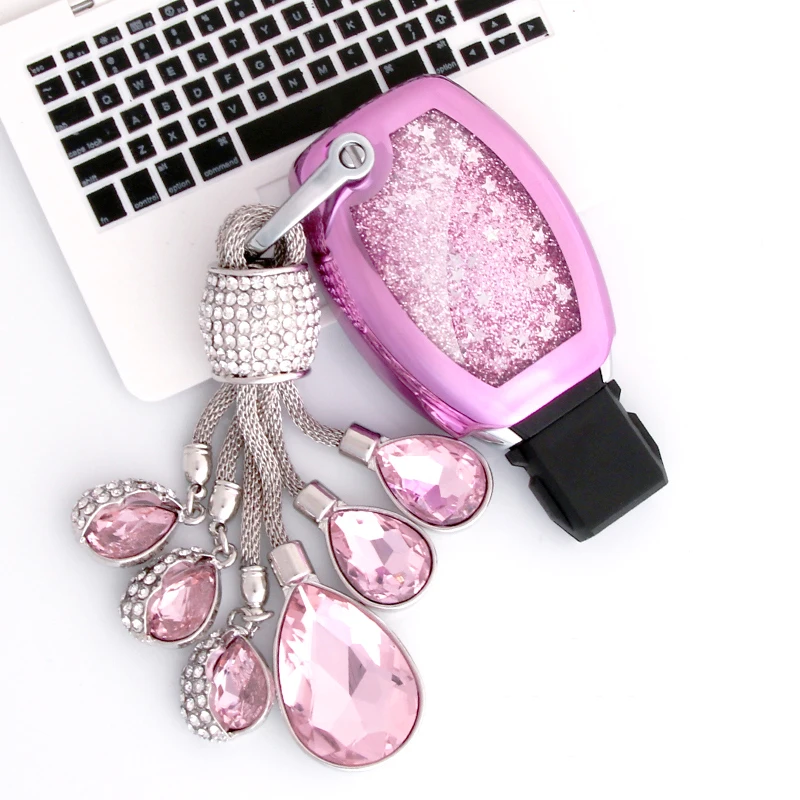 

Funny Quicksand Soft TPU Key Case Cover Shell For Mercedes Benz W203 W210 W211 W124 W202 W204 AMG key Protection Crystal chain