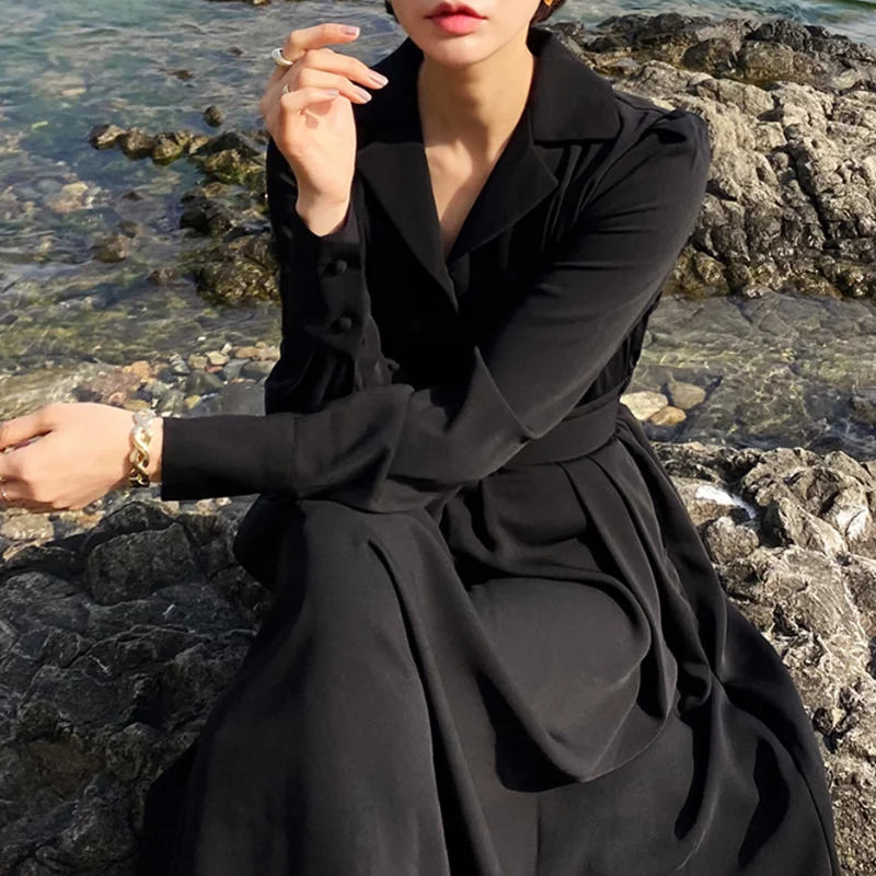 One Piece Dress Korean Chic Early Autumn Temperament Suit Collar Single Breasted Design High Waist Loose Windbreaker | Женская одежда