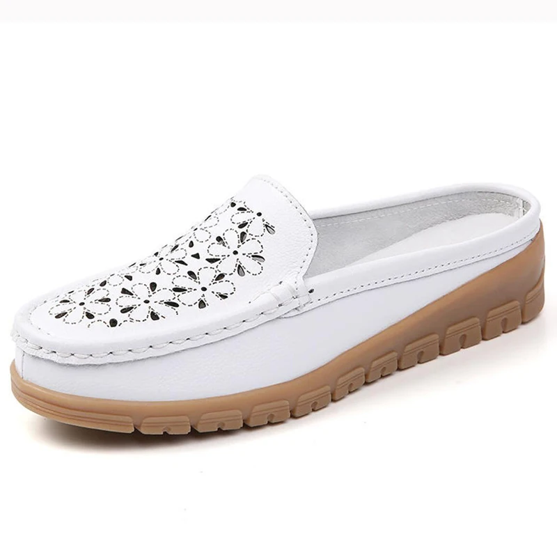 Демисезонные женские шлепанцы из натуральной кожи белого и синего цвета | Обувь