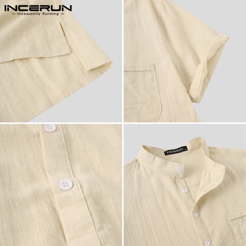 

Man Basic Solid Color Button Loose Camisa Masculina Summer Tops INCERUN Men Casual Shirts Short Sleeve Stand Collar Blouse S-3XL