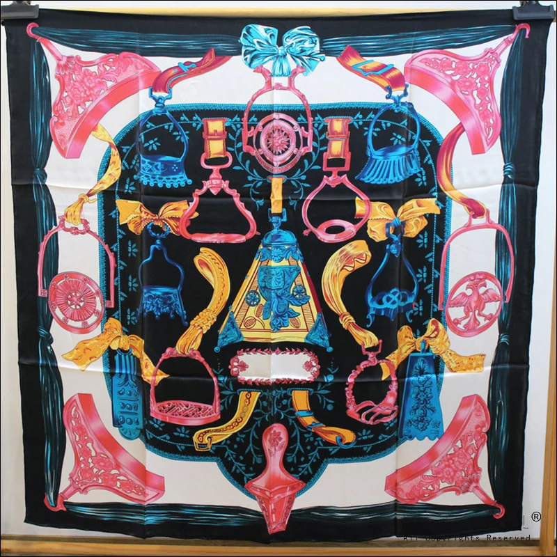 

Authentic Silk Scarf Top Foulard Satin Hand Sewn Edges Scarfs Carriage Mulberry-Silk Stole Tippet"Etriers Remix"