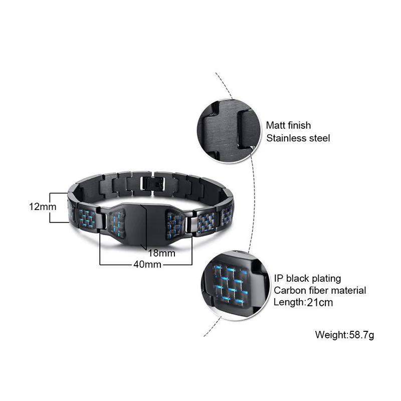 Мужской браслет на запястье из нержавеющей стали с синей вставкой углеродного