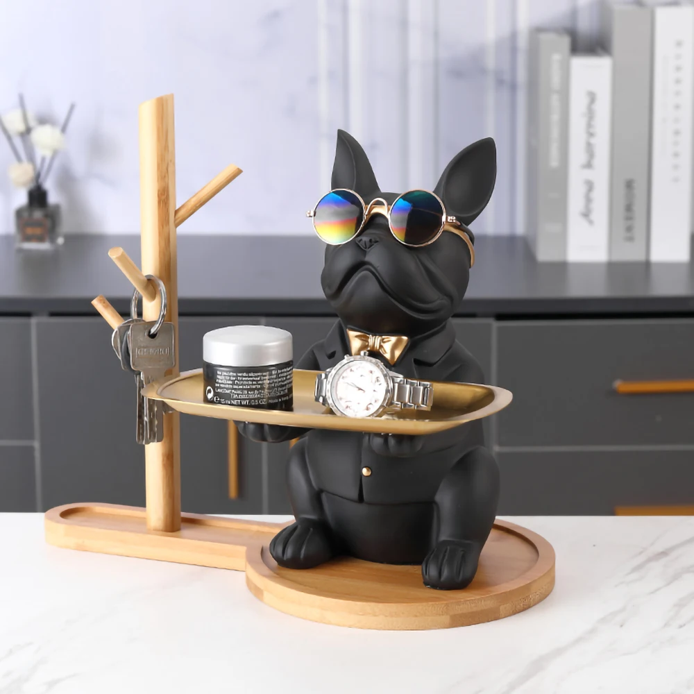 Home Interior Decoration Accessories,With Wood Shelf Key Hook,Animal Dog Figurines Room Decor,French Bulldog Statue Ornaments