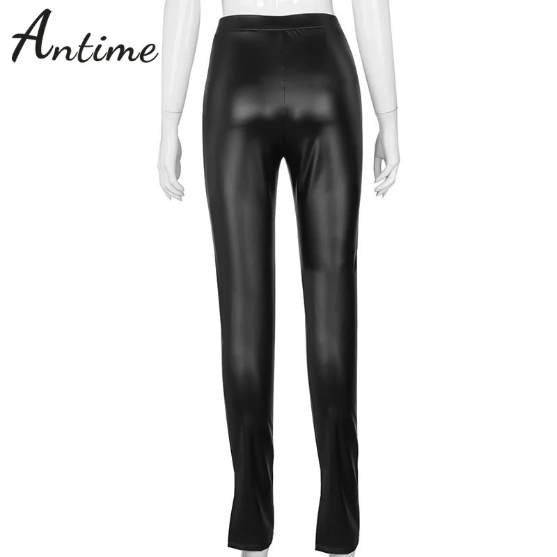 

Antime Sexy Faux PU Leather Pencil Pants Streetwear Side Split 2021 Summer Black Women Fashion Skinny High Waist Long Trousers