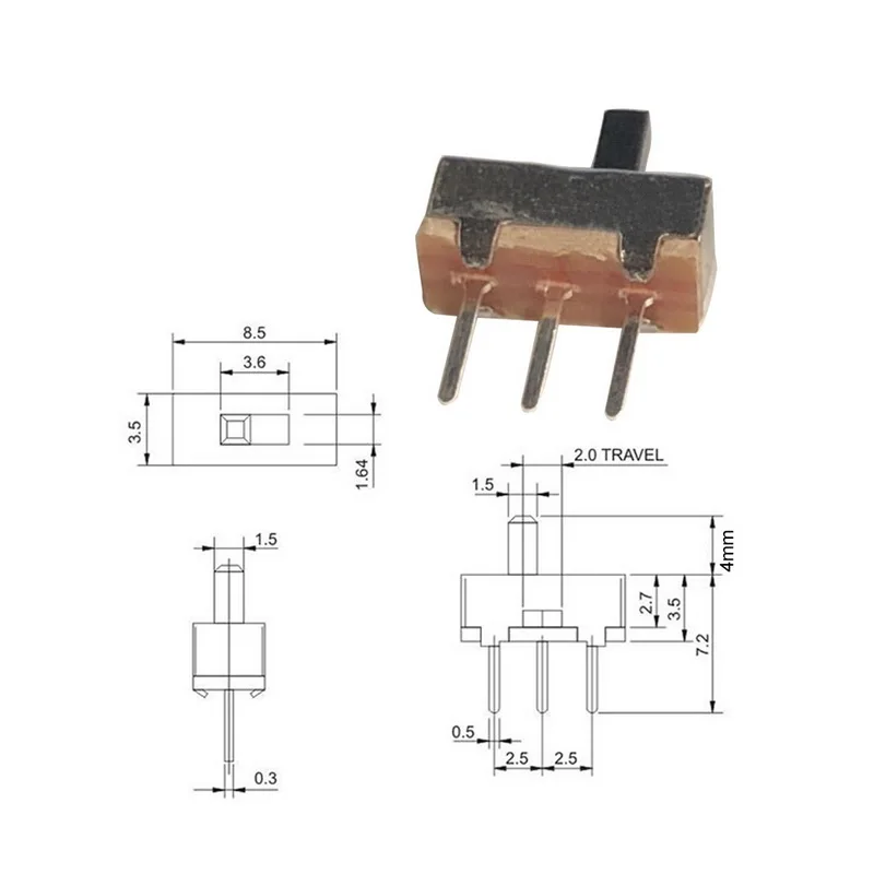 50 шт. 3 мм 4 высокая ручка скользящий переключатель 2 положения 1P2T SPDT Pin PCB панель