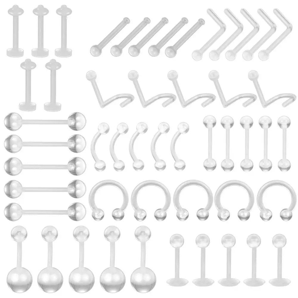 

50PCS Safe Resin Soft Piercing Kit Tongue Nail Mixed Set Lip Acrylic Belly Eyebrow Fake Septum Nose Stud Navel Ring Jewelry Whol