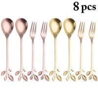 8pcsset coffee scoops stainless steel ice cream dessert spoon milk tea stirring spoon fruit melon fork with branch leaves decor