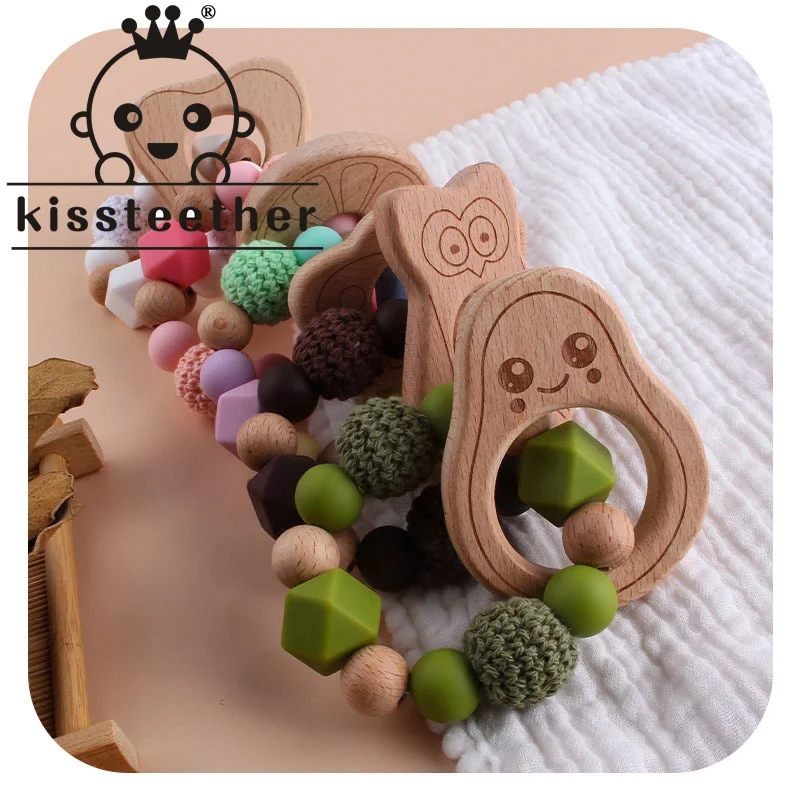 Kissteether-pulsera mordedor de madera para beb&eacute;, juguete bonito de Haya sin BPA, Color s&oacute;lido, regalos de dentici&oacute;n, 1 unidad-0