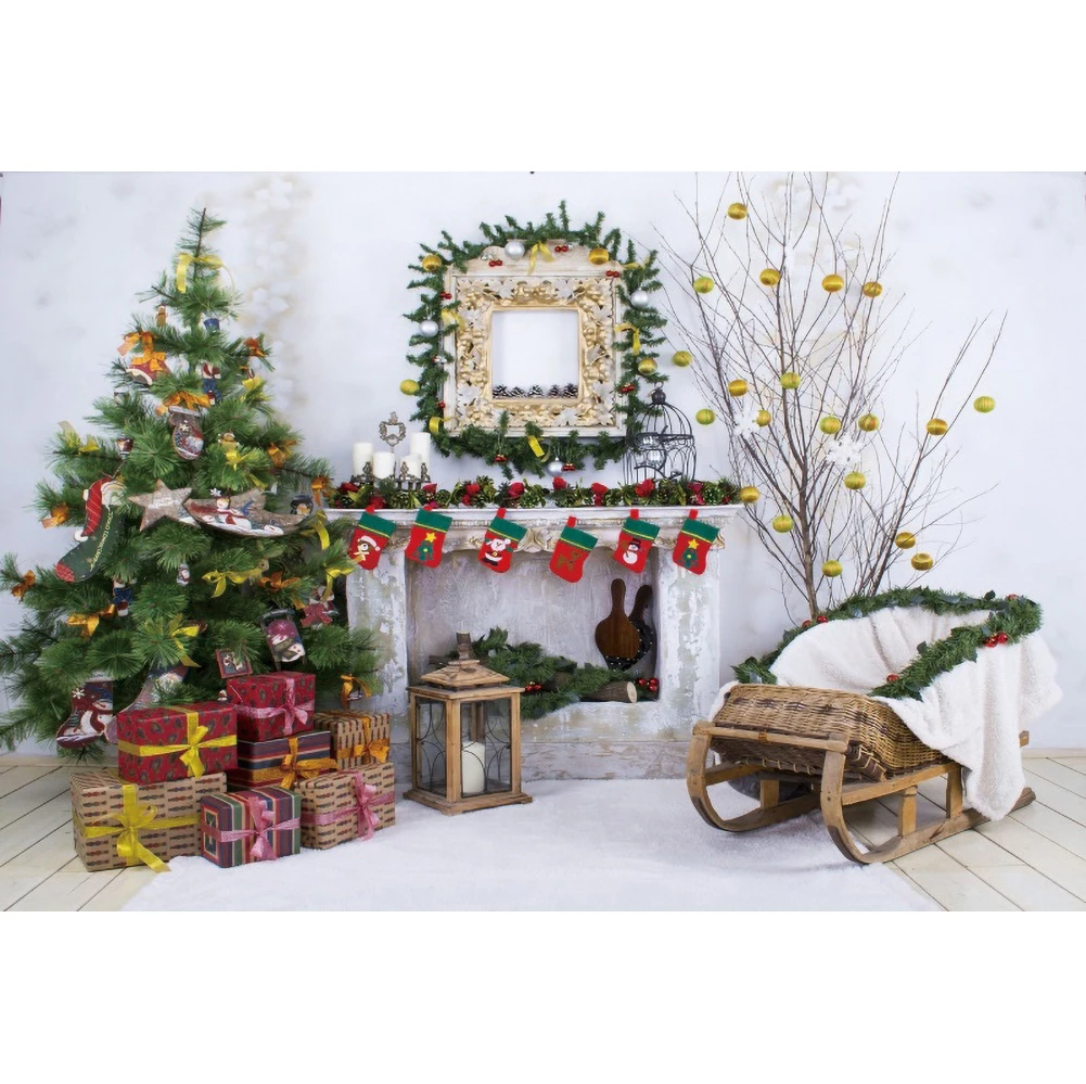 Yeele Рождество фотосессия фон камин салазки дерево подарок детского портрета