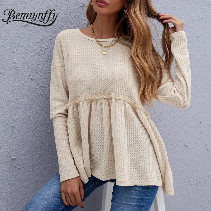 

Benuynffy Round Neck Solid Waffle Knit Frill Trim T Shirt Women 2021 Autumn Korean Casual Loose Long Sleeve Ruffle Hem T-Shirts