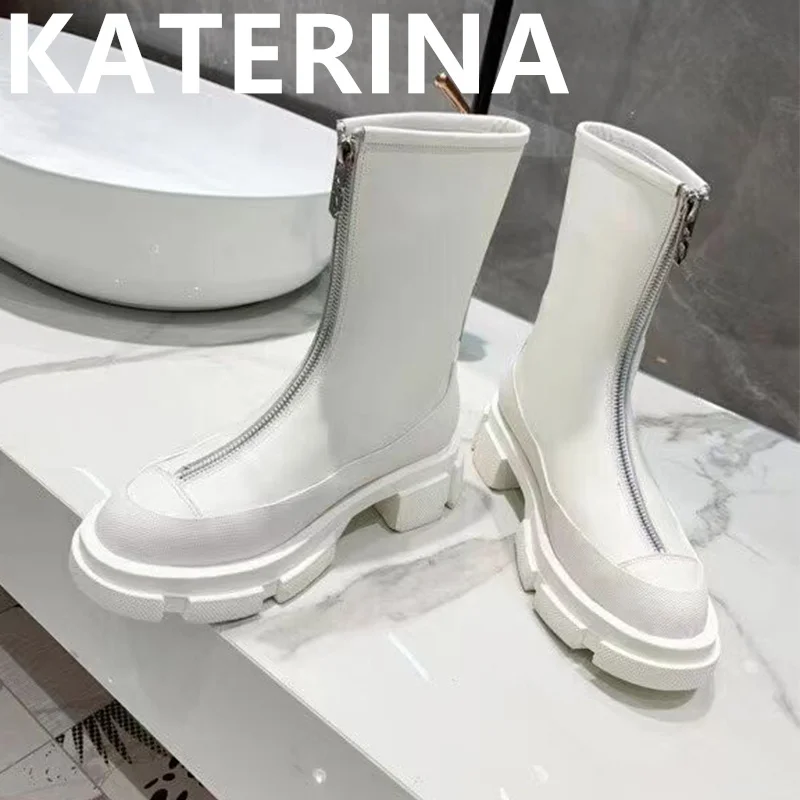 

Women Round Toe Boots Platform Leather Commuter Mid-calf Boots Handmade Casual Front Zipper Fashion Female Black White Shoes