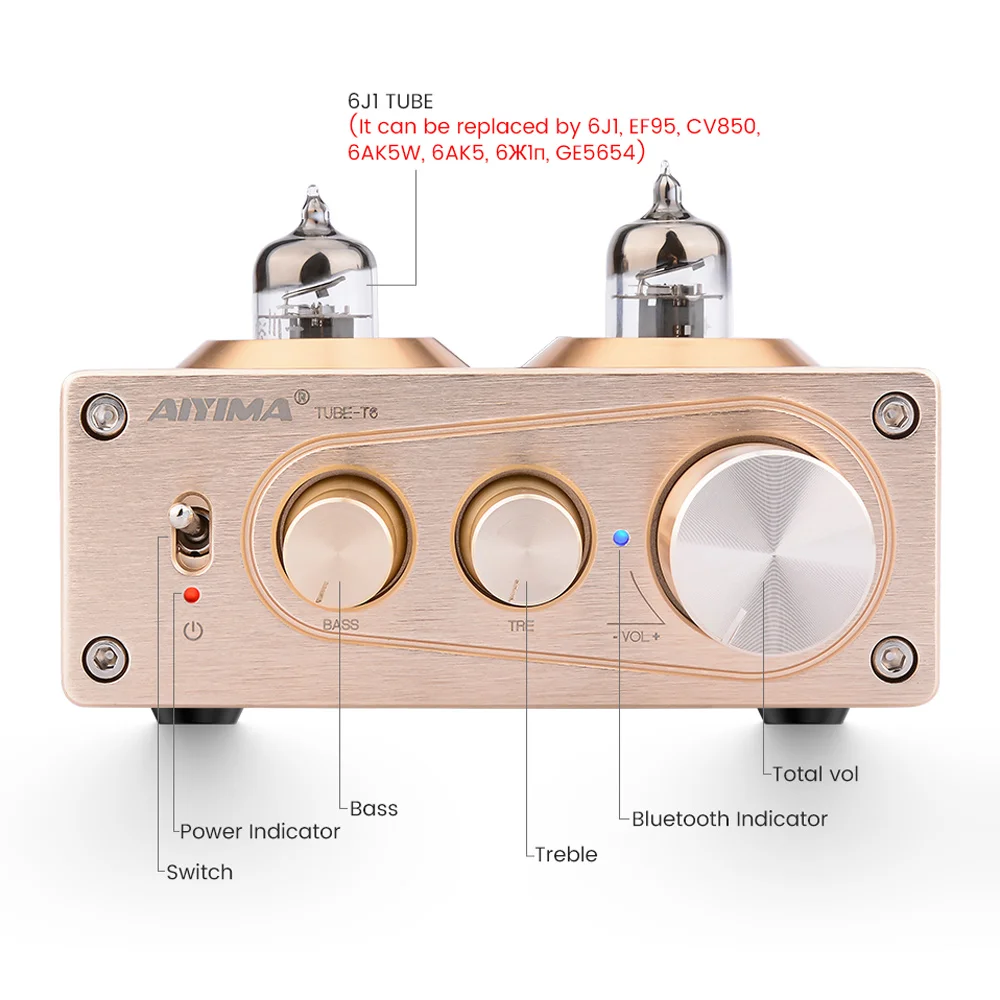 AIYIMA 5 0 Bluetooth 6J1 ламповый предусилитель усилитель HiFi Стерео AUX APTX с высокими басами