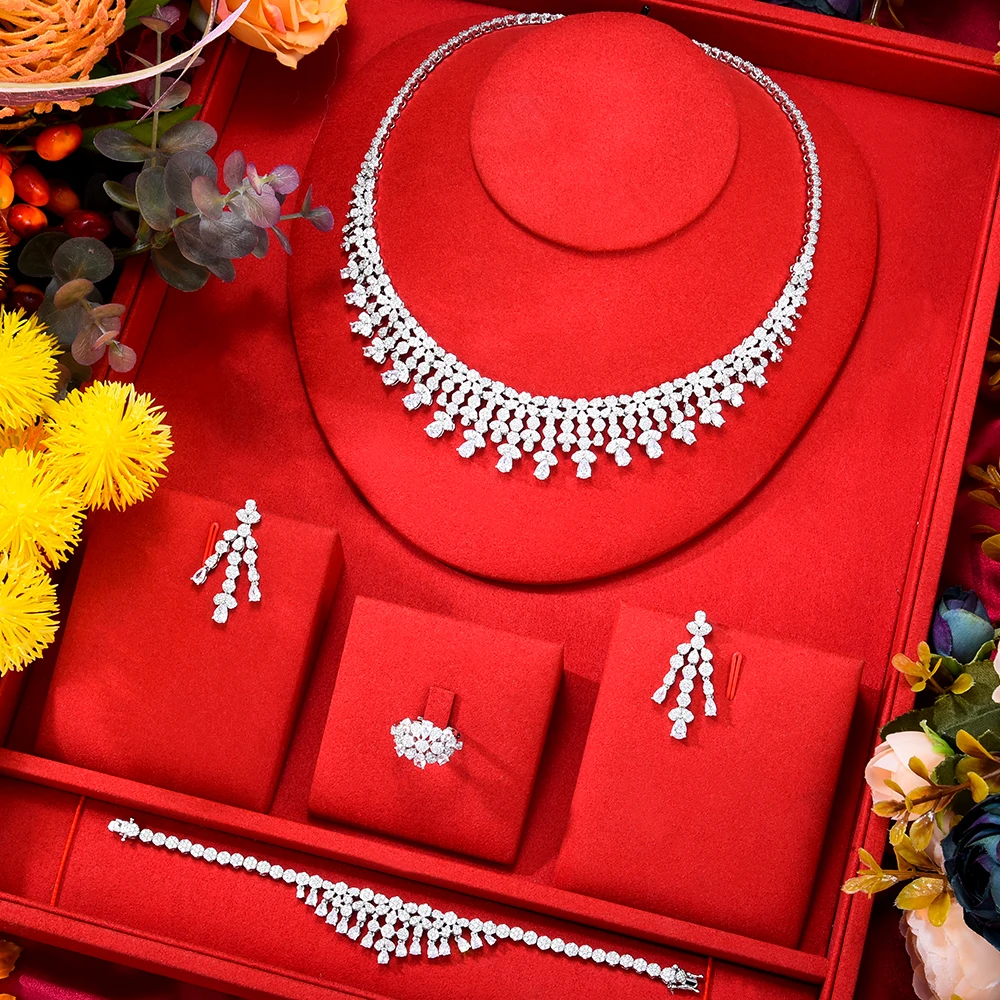 Изысканное роскошное ожерелье, браслет, серьги, кольцо Blachette, 4 шт., женский свадебный банкет, изысканный набор модных ювелирных изделий из ци...