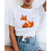 summer new funny lovely fox t shirt printed chic harajuku neck casual retro top womens fashion t shirt