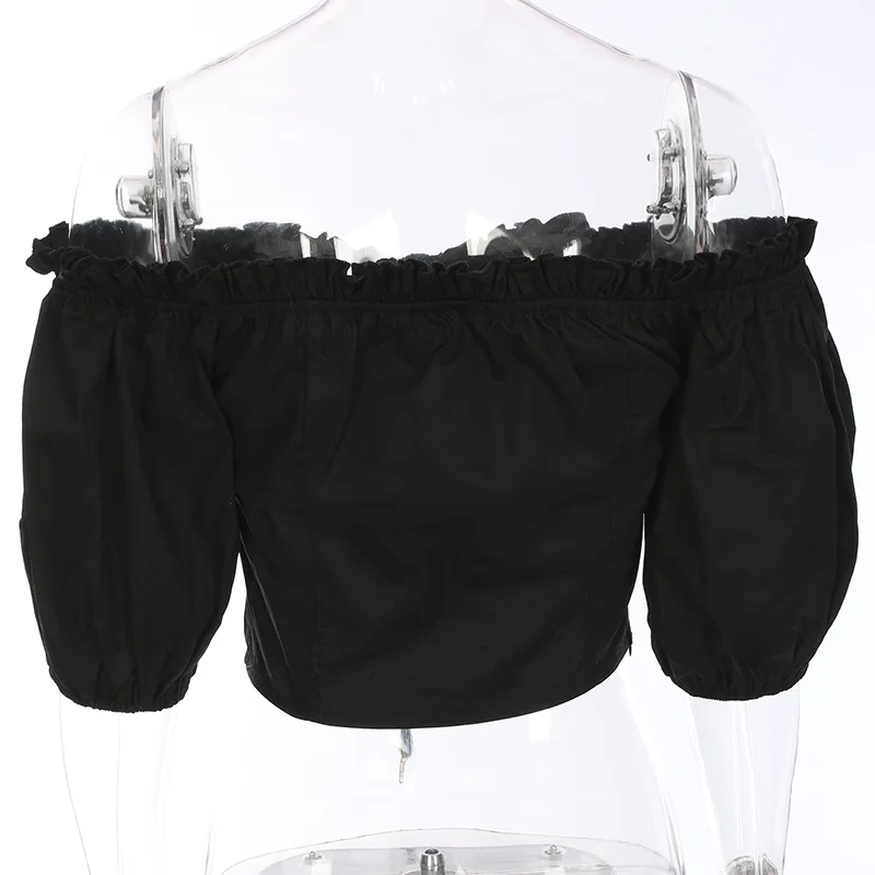 

Black Off Shoulder Ruffle Blouses Women Short Lantern Sleeve Vintage Blouse Eyelet Bandage Crop Tops Summer Slim Blouse Shirts