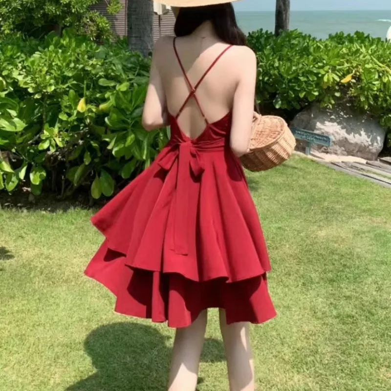 

Summer 2021 Women Dress Chic Spaghetti Strap Vestidos Sweet V-Neck Sexy Backless Slim Waist Ruffle Beach Dresses Robe