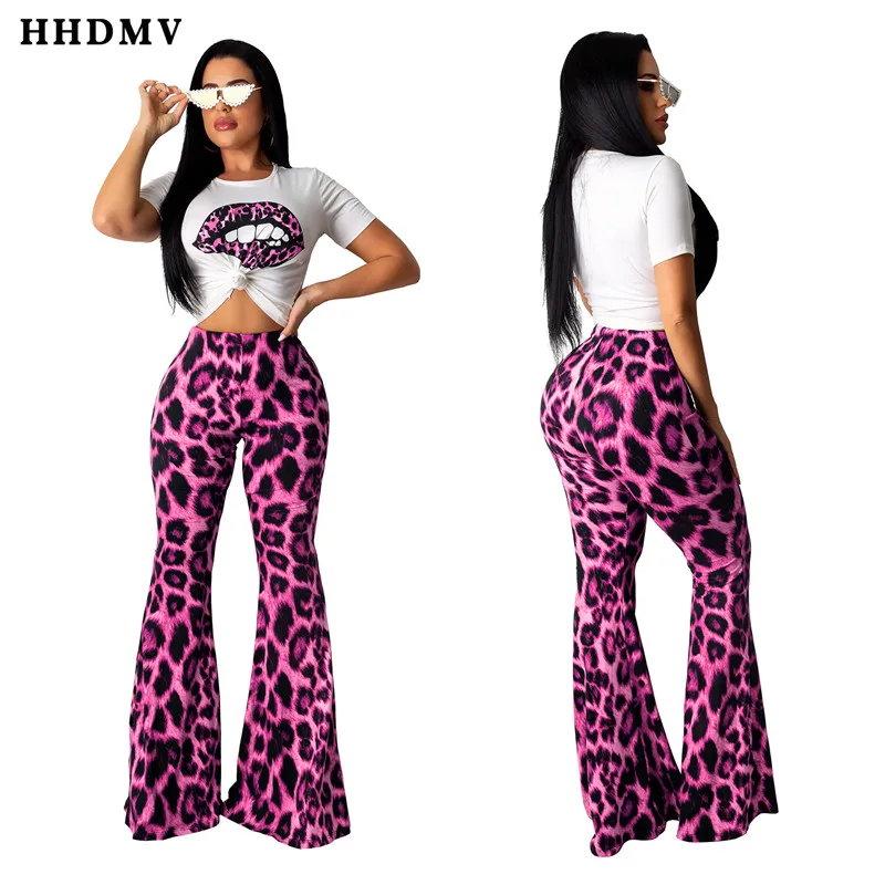 HHDMV ZSC087 summer high street style sets short sleeve round neck printed top elastic leopard grain long pants two piece |