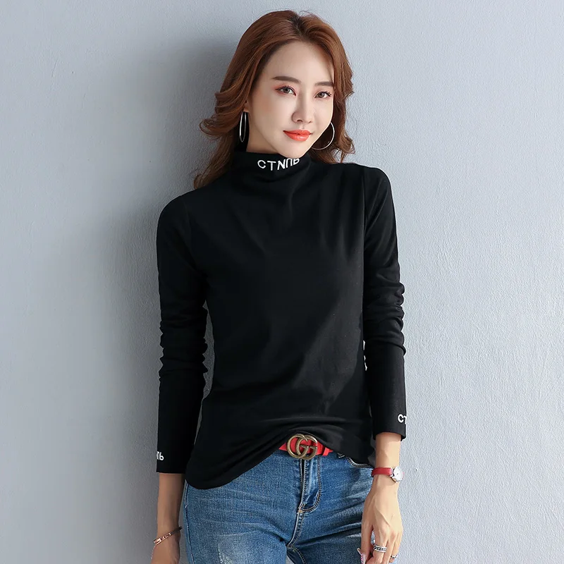 Модная водолазка с вышитыми буквами базовая футболка женская длинным рукавом