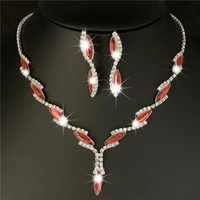 drop shipping silver plated royal red crystal wedding jewelry sets for women leaf long necklace earrings bridal jewelry sets