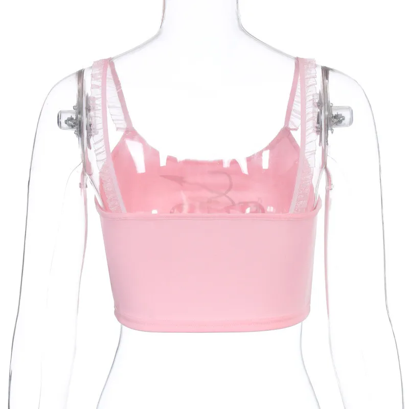 

Kawaii Cartoon Gtaphic And Letter Print Pink Crop Tops Cute Spaghetti Strap Backless Cropped Tank Top E-girl Summer Cami