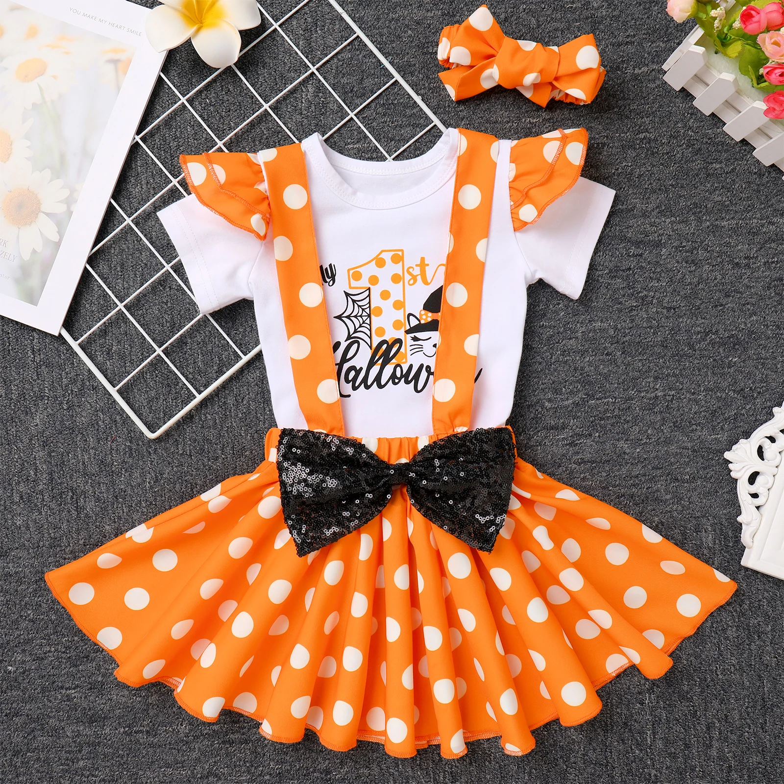 0-24M Baby Girl Halloween Dress Up Costume Outfit Short Sleeve Romper Suspender Skirt With Bow Headband Festive Theme Clothing