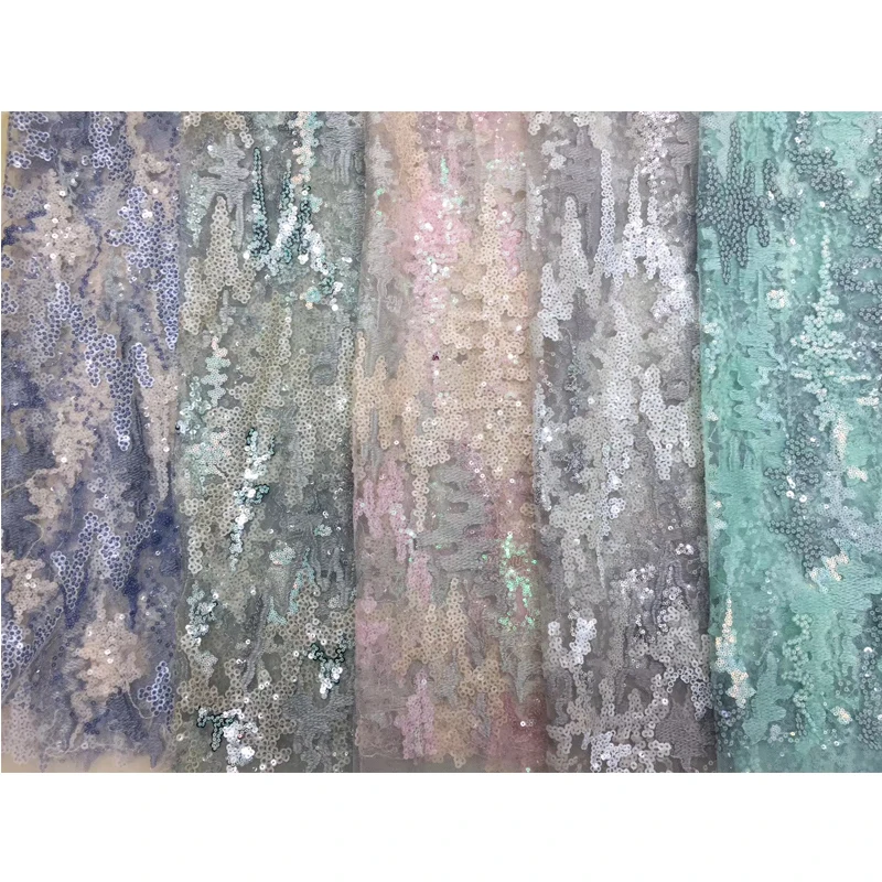 

African Embroidery Tulle Lace Fabric with Sequins High Quality French Mesh Lace Fabric 5 Yards for Wedding Dress