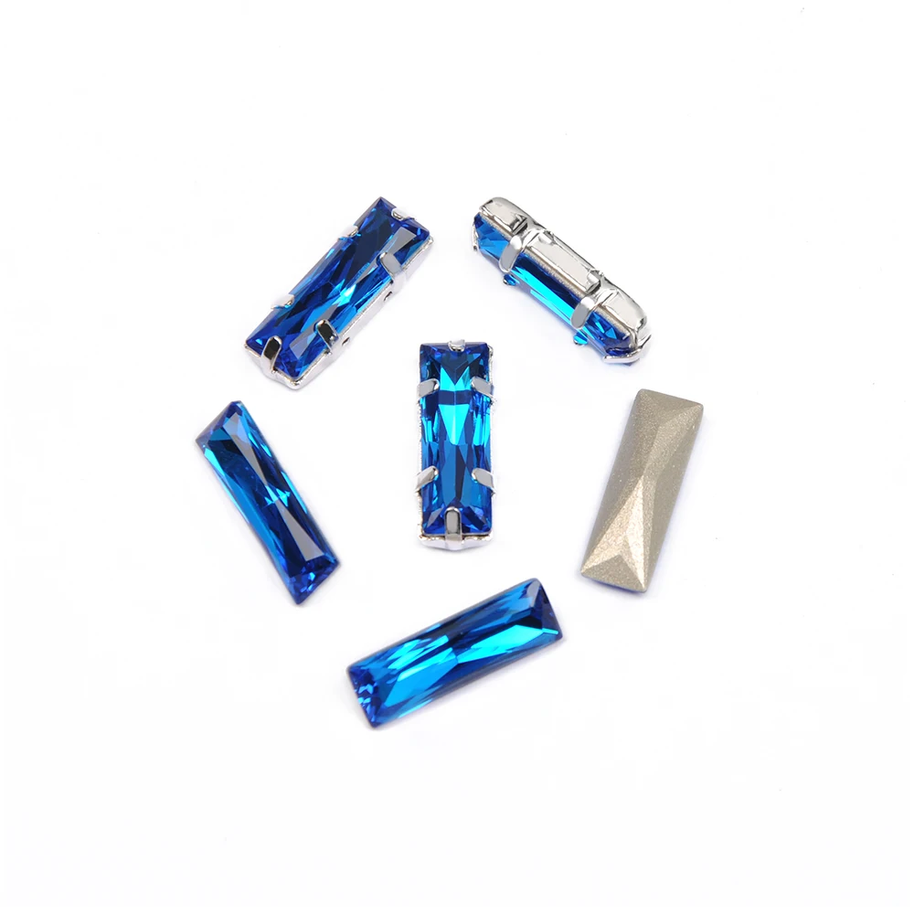 Капри Синие стразы Принцесса Багет стеклянные кристаллы пришивные с серебряным