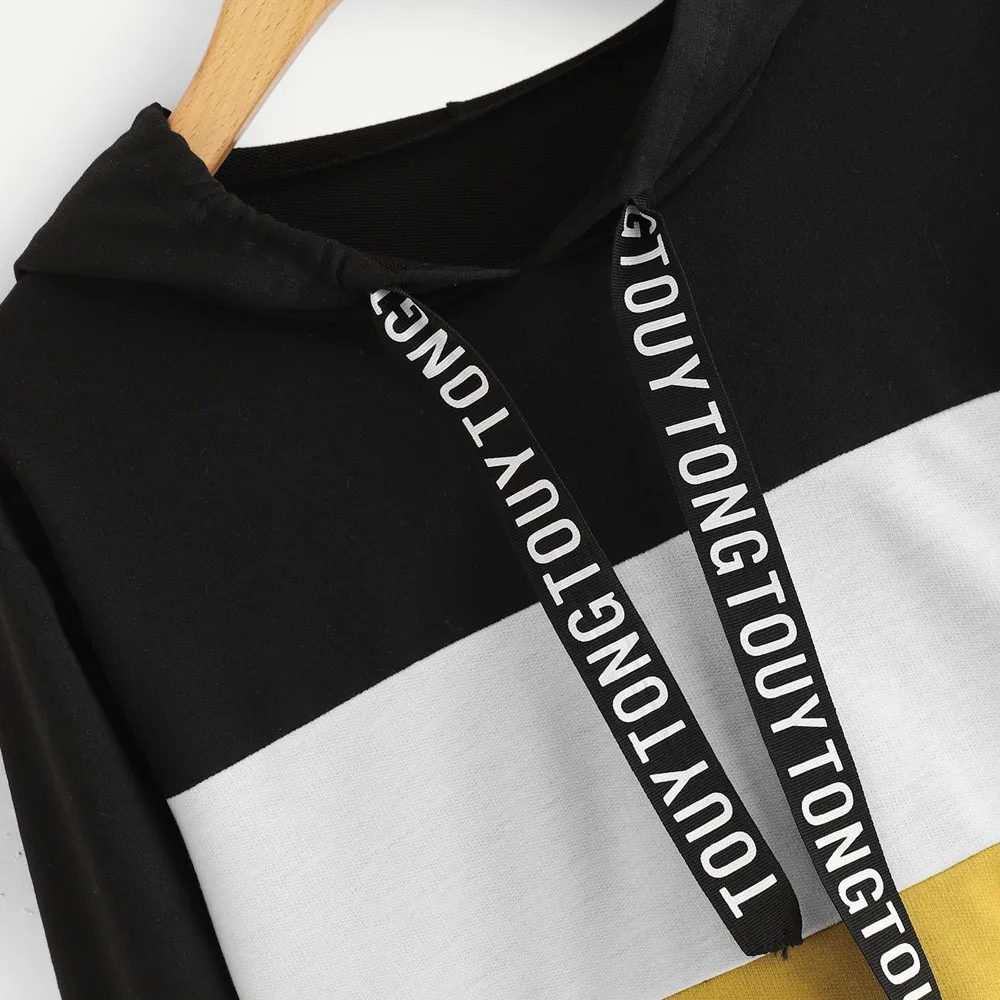 hoodies for teen girls Women's Long Sleeve pullover Letter Print Tape Drawstring Hoodie Colorblock Sweatshirt толстовки женские |