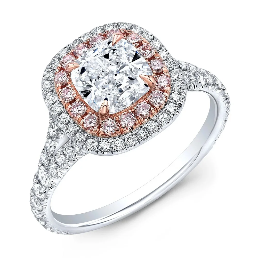 

S925 sterling silver first two-color gold-plated pink diamond cushion cut engagement ring