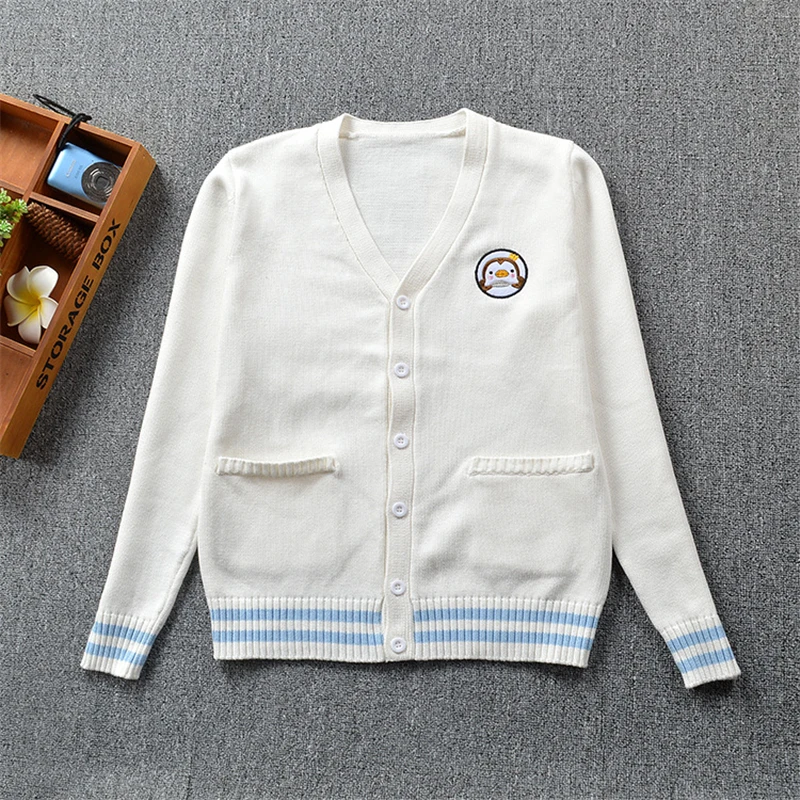 2021 College Style JK School Uniform Student Clothes For Women Long Sleeve Cartoons Embroidery Knit Cardigan V Neck Sweater Coat |