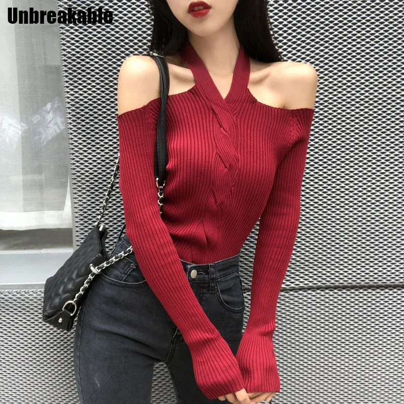 

Women Halter Slash Neck Knitted Off-shoulder Sweater Pullover Girls Knitting Stretchy Sweaters Pullovers Tops Female 2020