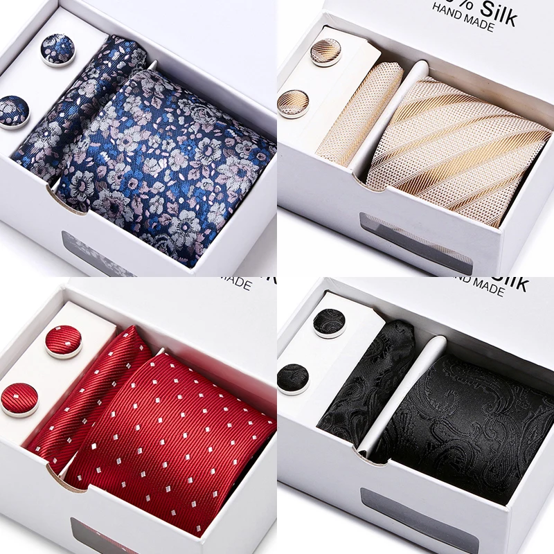 

High Grade Wedding Gift Silk Classic Tie Pocket Squares Set Necktie Box Solid Men Suit Accessories Black Fit Wedding