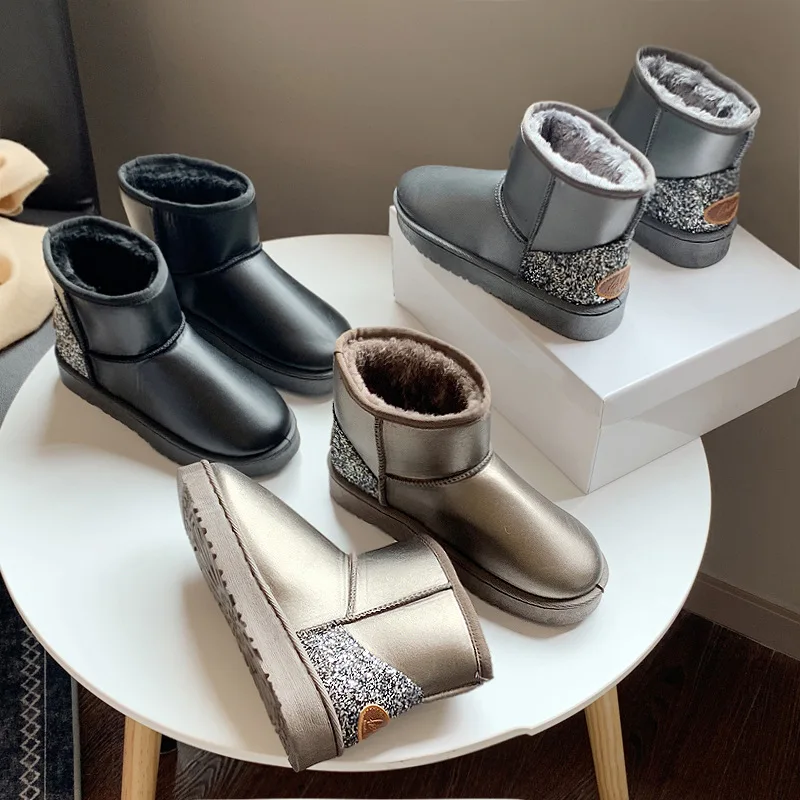 

Snow boots women's new fashion autumn and winter sequins and velvet short boots shiny short cotton shoes warm boots comfortable