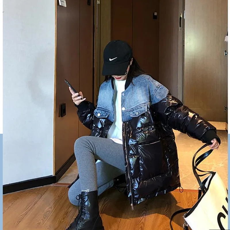 

Winter Cotton Jacket Women 2021 Korean Casual Loose Denim Stitching Shiny Mid-length Thick Warm Coat Female Outwear