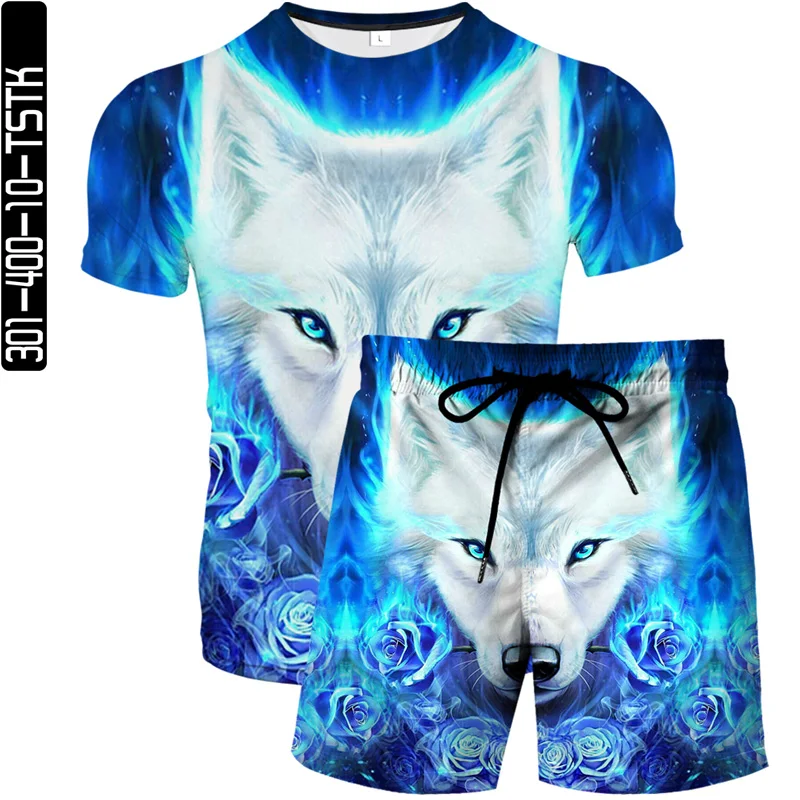 

2021 summer new 3D printing men and women fashion animal T-shirt short sleeve + shorts hip-hop wolf T-shirt 2-piece set