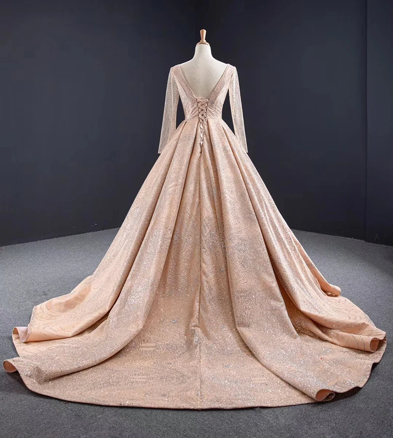 J67066 jancember long evening dresses with sleeves o neck sequined lace gold elegant dress with train платье вечернее длинное